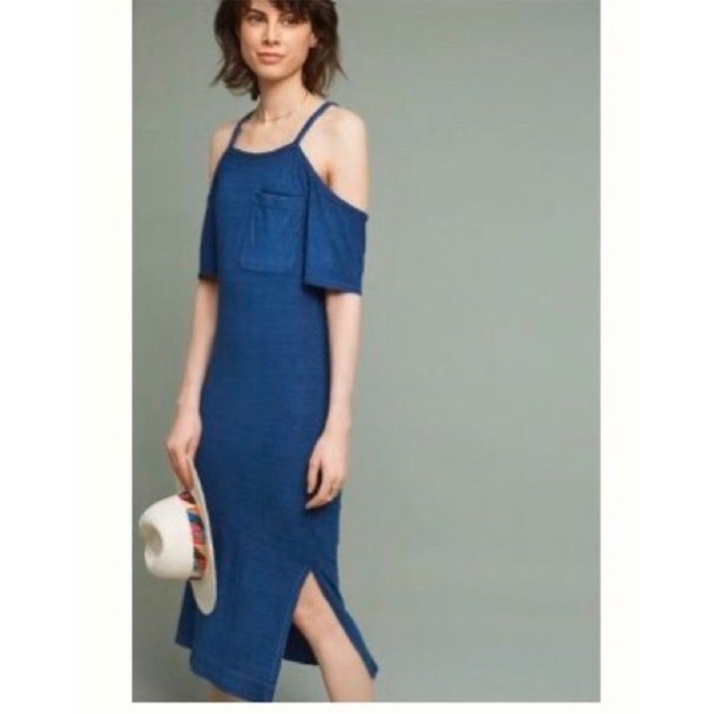 Anthropologie Cloth & Stone Juliette Cold Shoulder Midi T-Shirt Dress Blue M NWT